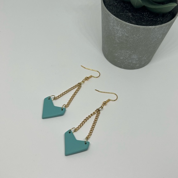 Teal chevron polymer clay earrings with gold chain - Picture 2 of 3